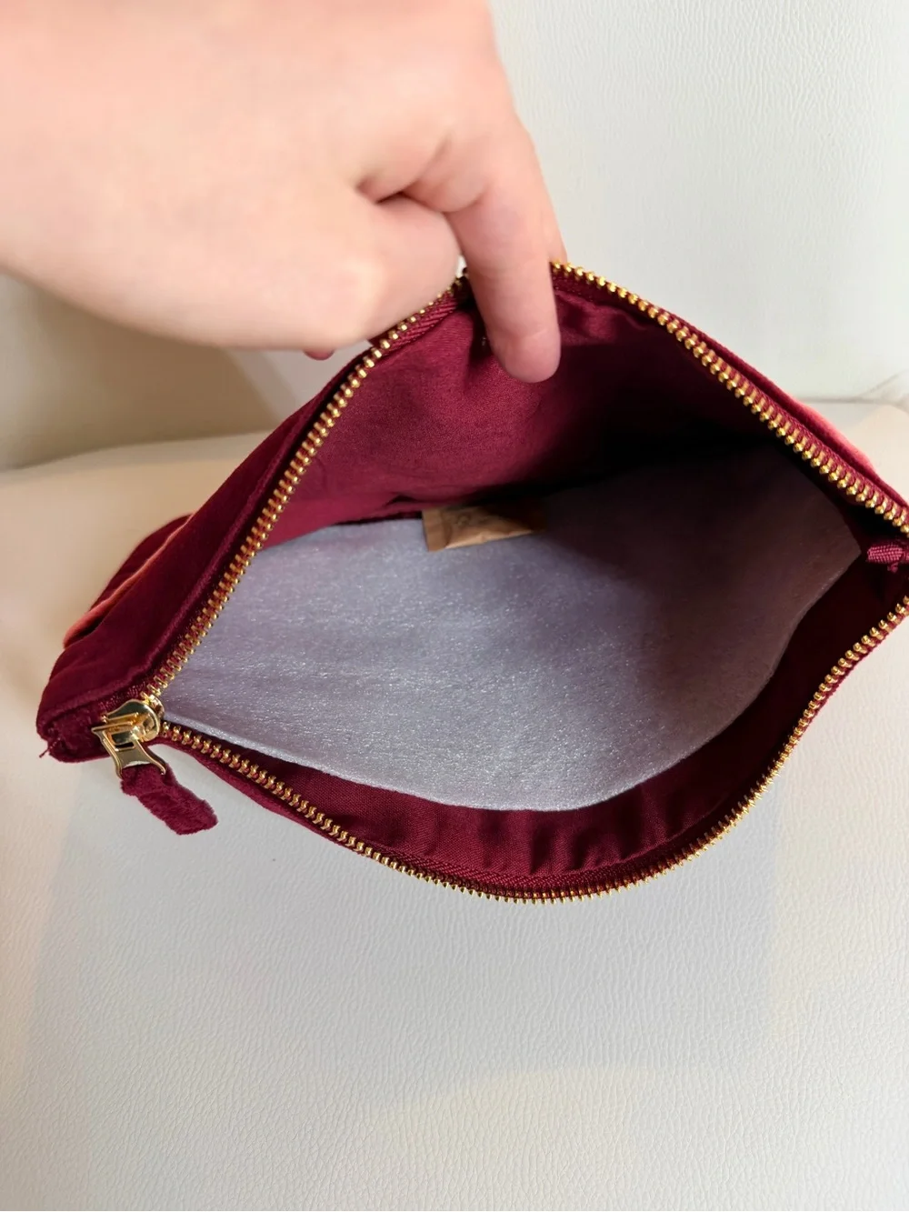 NWT Sézane Burgundy Cotton Velvet Zip Flat Pouch Makeup Bag with Pink Trim